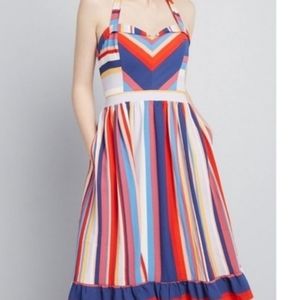 Modcloth Frequently Piquant Midi Dress Colorful Stripes Halter Neck - Size L